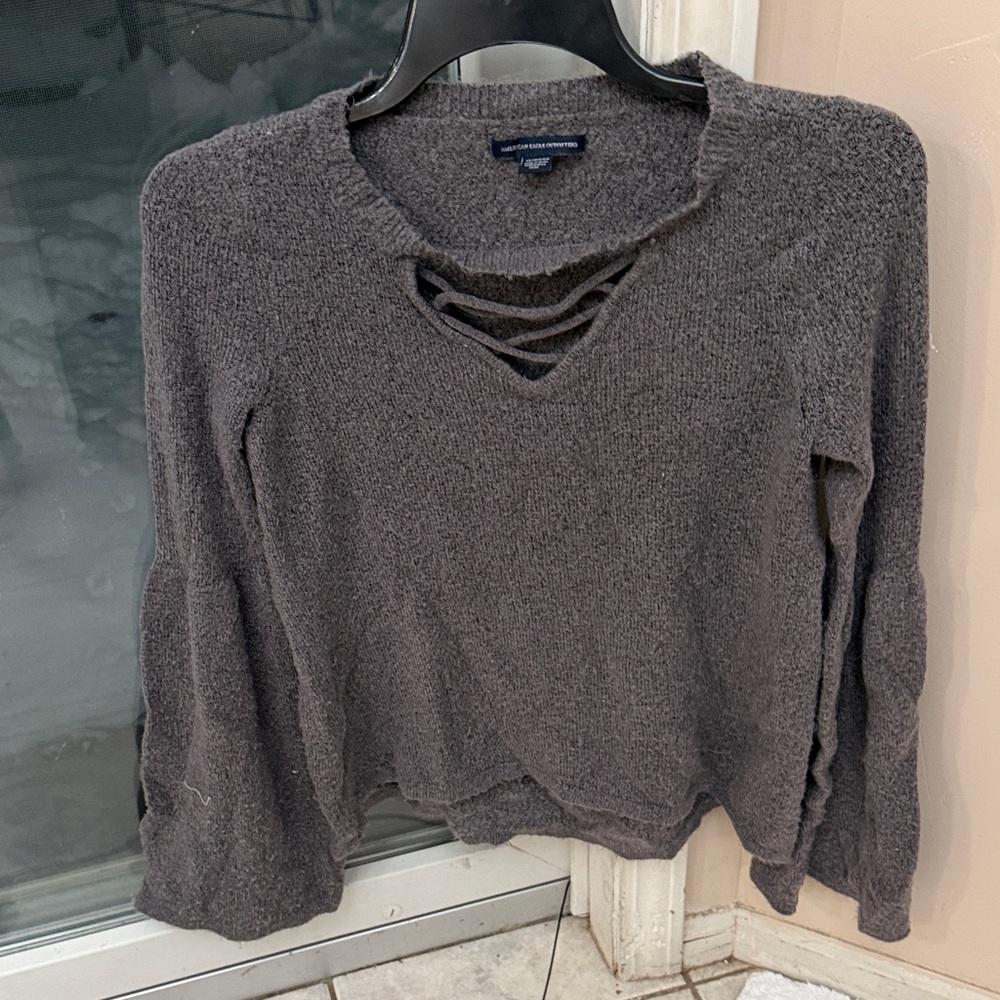 American Eagle Outfitters Dark Gray V-Neck Sweater